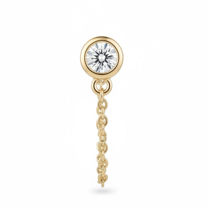 14k solid gold solitaire diamond chain earrings - single diamond drop chain, yellow gold
