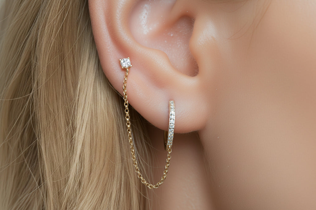 14K solid gold diamond double piercing chain earring — front view
