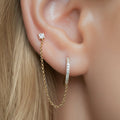 14K solid gold diamond double piercing chain earring — front view, natural diamonds
