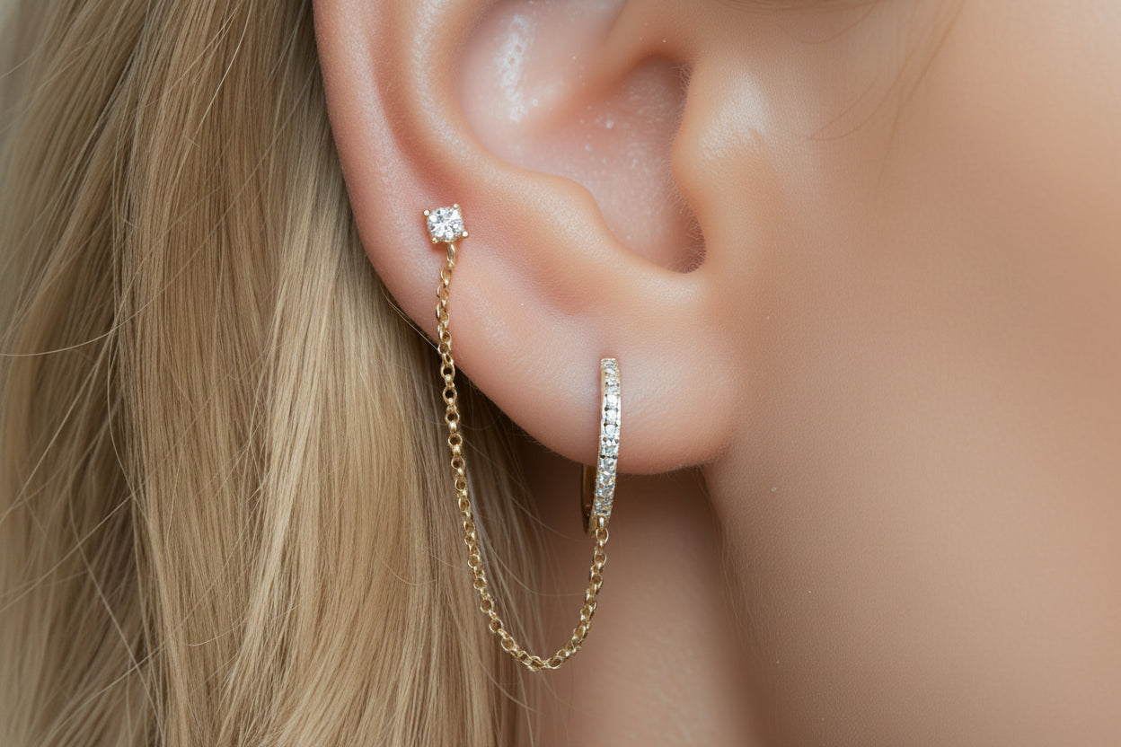 14K solid gold diamond double piercing chain earring — front view
