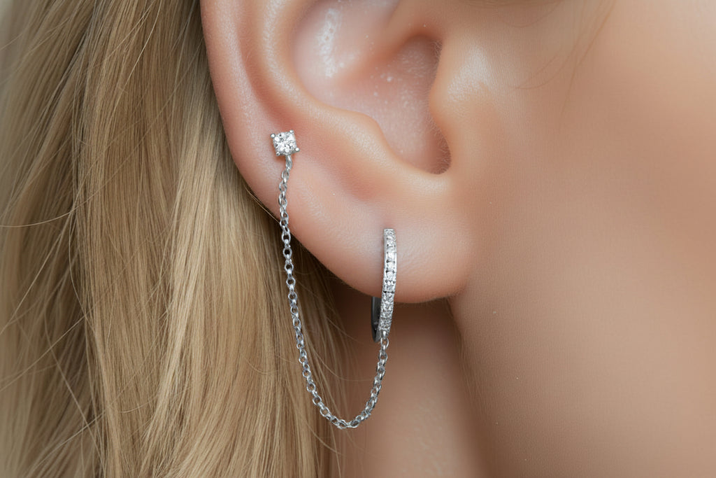 14K solid white gold diamond double piercing chain earring — angle front
