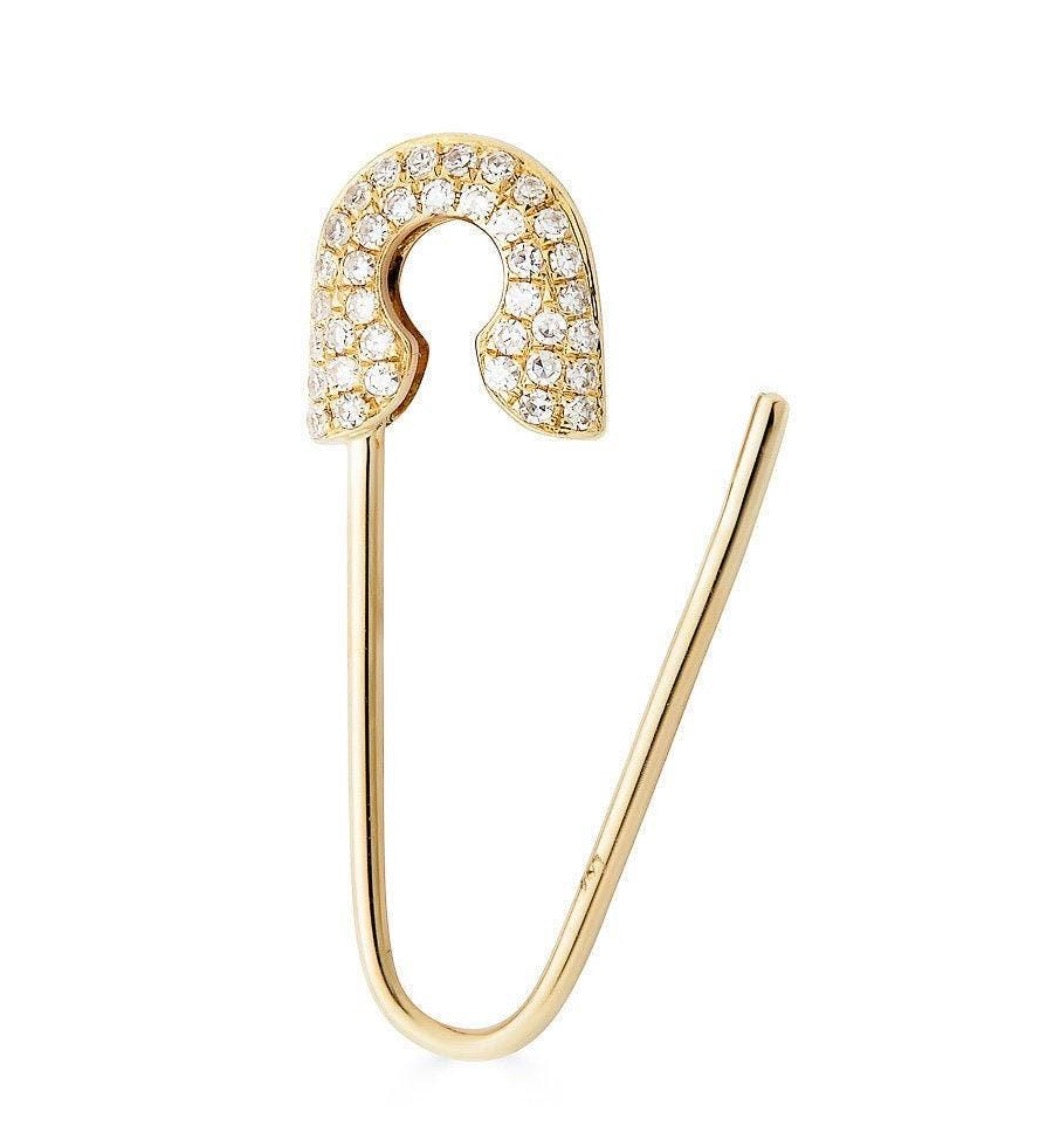 
14k solid gold diamond safety pin earring - pavé diamond sculptural stud, yellow gold
