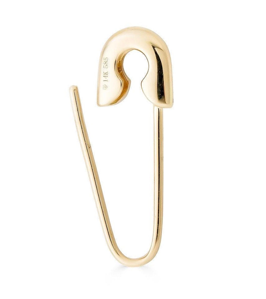 14k solid gold diamond safety pin earring - pavé diamond sculptural stud, yellow gold
