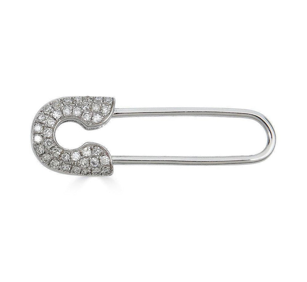 14k solid gold diamond safety pin earring - pavé diamond sculptural stud earring, white gold
