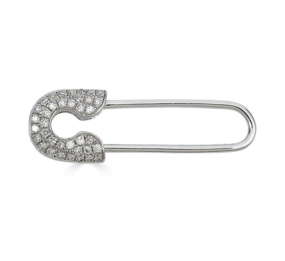 14k solid gold diamond safety pin earring - pavé diamond sculptural stud earring, white gold

